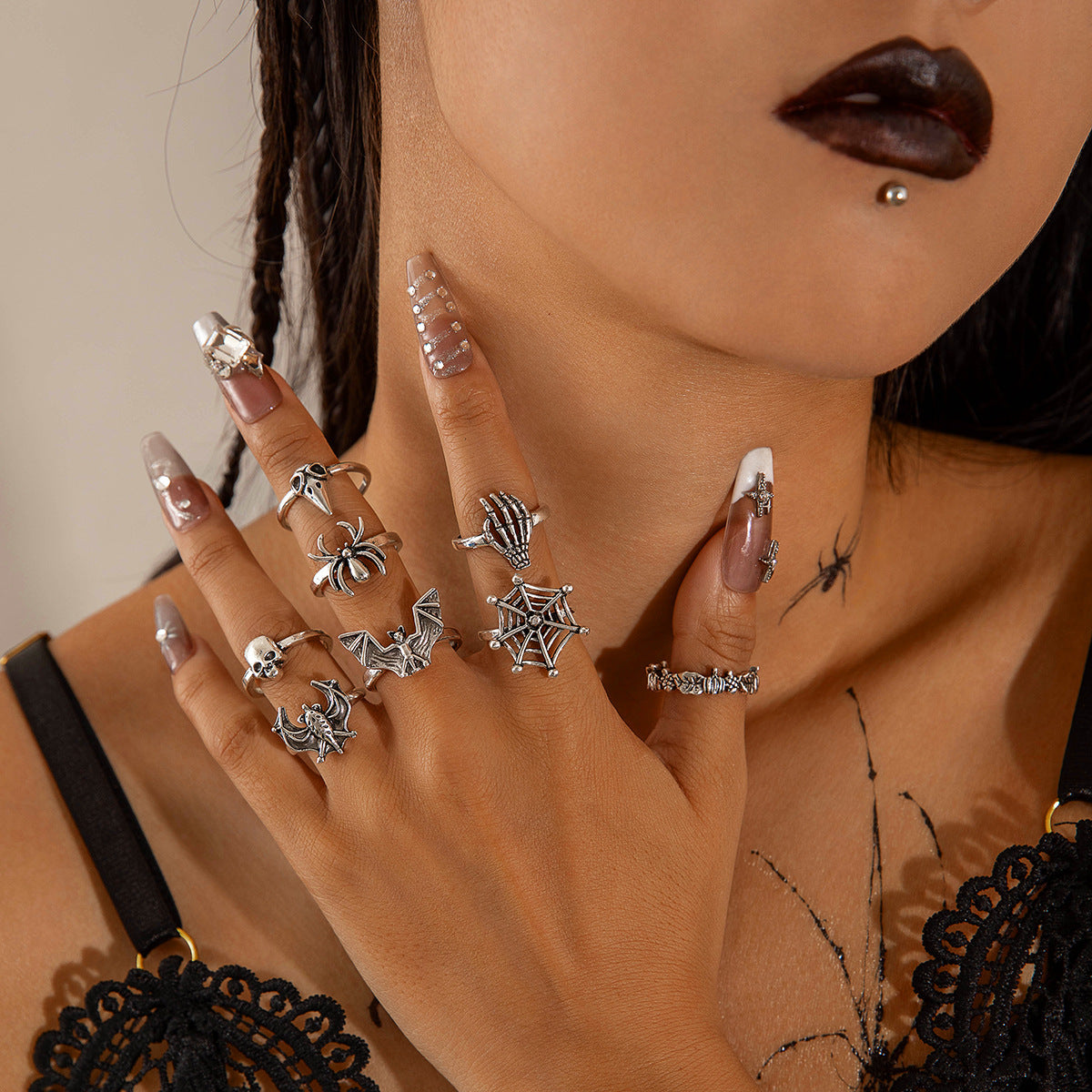Wholesale  Skull Ring suit Punk  Bat Joint Ring Eight-piece Set